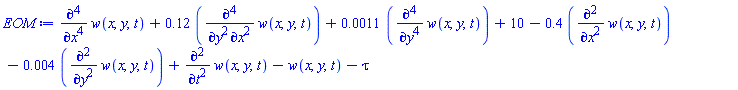 diff(diff(diff(diff(w(x, y, t), x), x), x), x)+.12*(diff(diff(diff(diff(w(x, y, t), x), x), y), y))+0.11e-2*(diff(diff(diff(diff(w(x, y, t), y), y), y), y))+10-.4*(diff(diff(w(x, y, t), x), x))-0.4e-2*(diff(diff(w(x, y, t), y), y))+diff(diff(w(x, y, t), t), t)-w(x, y, t)-tau