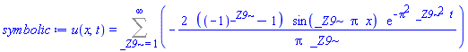 u(x, t) = Sum(-2*((-1)^_Z9-1)*sin(_Z9*Pi*x)*exp(-Pi^2*_Z9^2*t)/(Pi*_Z9), _Z9 = 1 .. infinity)