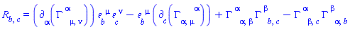 Physics:-Ricci[b, c] = Physics:-d_[alpha](Physics:-Christoffel[`~alpha`, mu, nu], [X])*Physics:-Tetrads:-e_[b, `~mu`]*Physics:-Tetrads:-e_[c, `~nu`]-Physics:-Tetrads:-e_[b, `~mu`]*Physics:-d_[c](Physics:-Christoffel[alpha, mu, `~alpha`], [X])+Physics:-Christoffel[`~alpha`, alpha, beta]*Physics:-Christoffel[`~beta`, b, c]-Physics:-Christoffel[`~alpha`, beta, c]*Physics:-Christoffel[`~beta`, alpha, b]