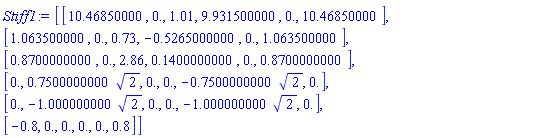 Stiff1 := Matrix(6, 6, {(1, 1) = 10.46850000, (1, 2) = 0., (1, 3) = 1.01, (1, 4) = 9.931500000, (1, 5) = 0., (1, 6) = 10.46850000, (2, 1) = 1.063500000, (2, 2) = 0., (2, 3) = .73, (2, 4) = -.5265000000, (2, 5) = 0., (2, 6) = 1.063500000, (3, 1) = .8700000000, (3, 2) = 0., (3, 3) = 2.86, (3, 4) = .1400000000, (3, 5) = 0., (3, 6) = .8700000000, (4, 1) = 0., (4, 2) = .7500000000*sqrt(2), (4, 3) = 0., (4, 4) = 0., (4, 5) = -.7500000000*sqrt(2), (4, 6) = 0., (5, 1) = 0., (5, 2) = -1.000000000*sqrt(2), (5, 3) = 0., (5, 4) = 0., (5, 5) = -1.000000000*sqrt(2), (5, 6) = 0., (6, 1) = -.8, (6, 2) = 0., (6, 3) = 0., (6, 4) = 0., (6, 5) = 0., (6, 6) = .8})