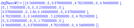 StiffnessW1 := Matrix(6, 6, {(1, 1) = 6.566000000, (1, 2) = 0., (1, 3) = .8700000000, (1, 4) = 4.702500000, (1, 5) = 0., (1, 6) = 4.966000000, (2, 1) = 0., (2, 2) = 1.750000000, (2, 3) = 0., (2, 4) = 0., (2, 5) = .2500000000, (2, 6) = 0., (3, 1) = .8700000000, (3, 2) = 0., (3, 3) = 2.86, (3, 4) = .1400000000, (3, 5) = 0., (3, 6) = .8700000000, (4, 1) = 4.702500000, (4, 2) = 0., (4, 3) = .1400000000, (4, 4) = 5.229000000, (4, 5) = 0., (4, 6) = 4.702500000, (5, 1) = 0., (5, 2) = .2500000000, (5, 3) = 0., (5, 4) = 0., (5, 5) = 1.750000000, (5, 6) = 0., (6, 1) = 4.966000000, (6, 2) = 0., (6, 3) = .8700000000, (6, 4) = 4.702500000, (6, 5) = 0., (6, 6) = 6.566000000})