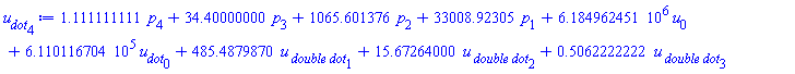 1.111111111*p[4]+34.40000000*p[3]+1065.601376*p[2]+33008.92305*p[1]+6184962.451*u[0]+611011.6704*u__dot[0]+485.4879870*`u__ double dot`[1]+15.67264000*`u__ double dot`[2]+.5062222222*`u__ double dot`[3]