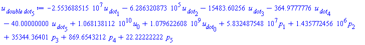 -25536885.15*`u__ dot`[1]-628632.0873*`u__ dot`[2]-15483.60256*`u__ dot`[3]-364.9777776*`u__ dot`[4]-40.00000000*`u__ dot`[5]+0.1068138112e11*u[0]+1079622608.*u__dot[0]+58324875.48*p[1]+1435772.456*p[2]+35344.36401*p[3]+869.6543212*p[4]+22.22222222*p[5]
