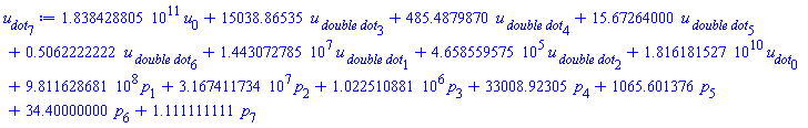 0.1838428805e12*u[0]+15038.86535*`u__ double dot`[3]+485.4879870*`u__ double dot`[4]+15.67264000*`u__ double dot`[5]+.5062222222*`u__ double dot`[6]+14430727.85*`u__ double dot`[1]+465855.9575*`u__ double dot`[2]+0.1816181527e11*u__dot[0]+981162868.1*p[1]+31674117.34*p[2]+1022510.881*p[3]+33008.92305*p[4]+1065.601376*p[5]+34.40000000*p[6]+1.111111111*p[7]