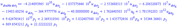 -0.4214093965e11*`u__ dot`[1]-1037375646.*`u__ dot`[2]-25536885.15*`u__ dot`[3]-628632.0873*`u__ dot`[4]-15483.60256*`u__ dot`[5]-364.9777776*`u__ dot`[6]-40.00000000*`u__ dot`[7]+0.1762640503e14*u[0]+0.1781592203e13*u__dot[0]+0.9624765415e11*p[1]+2369310541.*p[2]+58324875.48*p[3]+1435772.456*p[4]+35344.36401*p[5]+869.6543212*p[6]+22.22222222*p[7]