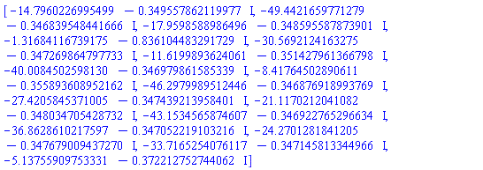 [-14.7960226995499-.349557862119977*I, -49.4421659771279-.346839548441666*I, -17.9598588986496-.348595587873901*I, -1.31684116739175-.836104483291729*I, -30.5692124163275-.347269864797733*I, -11.6199893624061-.351427961366798*I, -40.0084502598130-.346979861585339*I, -8.41764502890611-.355893608952162*I, -46.2979989512446-.346876918993769*I, -27.4205845371005-.347439213958401*I, -21.1170212041082-.348034705428732*I, -43.1534565874607-.346922765296634*I, -36.8628610217597-.347052219103216*I, -24.2701281841205-.347679009437270*I, -33.7165254076117-.347145813344966*I, -5.13755909753331-.372212752744062*I]
