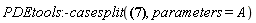 PDEtools:-casesplit({diff(diff(_eta[u](x, u), u), u)-2*(diff(diff(_xi[x](x, u), u), x)), 3*(diff(_xi[x](x, u), u))*A*u^2+2*(diff(diff(_eta[u](x, u), u), x))-(diff(diff(_xi[x](x, u), x), x)), -(diff(_eta[u](x, u), u))*A*u^2+2*(diff(_xi[x](x, u), x))*A*u^2+diff(diff(_eta[u](x, u), x), x)+2*_eta[u](x, u)*A*u, diff(diff(_xi[x](x, u), u), u)}, parameters = A)