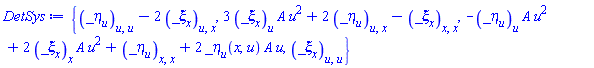 {diff(diff(_eta[u](x, u), u), u)-2*(diff(diff(_xi[x](x, u), u), x)), 3*(diff(_xi[x](x, u), u))*A*u^2+2*(diff(diff(_eta[u](x, u), u), x))-(diff(diff(_xi[x](x, u), x), x)), -(diff(_eta[u](x, u), u))*A*u^2+2*(diff(_xi[x](x, u), x))*A*u^2+diff(diff(_eta[u](x, u), x), x)+2*_eta[u](x, u)*A*u, diff(diff(_xi[x](x, u), u), u)}