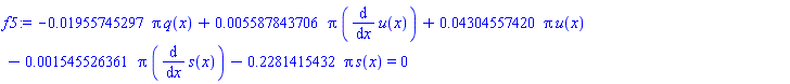 -0.1955745297e-1*Pi*q(x)+0.5587843706e-2*Pi*(diff(u(x), x))+0.4304557420e-1*Pi*u(x)-0.1545526361e-2*Pi*(diff(s(x), x))-.2281415432*Pi*s(x) = 0
