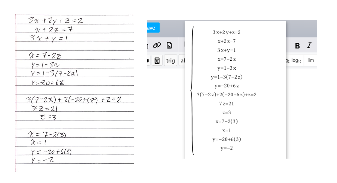 Screenshot of a handwritten solution to a system with three linear equations and a screenshot of how the expressions appear in Maple Learn through the Cloud Expressions feature.