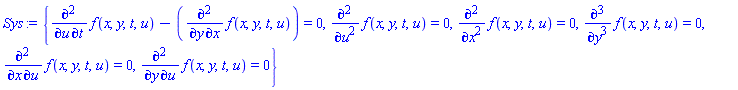 {diff(diff(f(x, y, t, u), t), u)-(diff(diff(f(x, y, t, u), x), y)) = 0, diff(diff(diff(f(x, y, t, u), y), y), y) = 0, diff(diff(f(x, y, t, u), u), u) = 0, diff(diff(f(x, y, t, u), u), x) = 0, diff(diff(f(x, y, t, u), u), y) = 0, diff(diff(f(x, y, t, u), x), x) = 0}