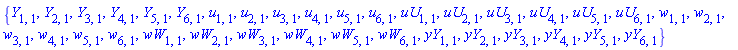 {Y[1, 1], Y[2, 1], Y[3, 1], Y[4, 1], Y[5, 1], Y[6, 1], u[1, 1], u[2, 1], u[3, 1], u[4, 1], u[5, 1], u[6, 1], uU[1, 1], uU[2, 1], uU[3, 1], uU[4, 1], uU[5, 1], uU[6, 1], w[1, 1], w[2, 1], w[3, 1], w[4, 1], w[5, 1], w[6, 1], wW[1, 1], wW[2, 1], wW[3, 1], wW[4, 1], wW[5, 1], wW[6, 1], yY[1, 1], yY[2, 1], yY[3, 1], yY[4, 1], yY[5, 1], yY[6, 1]}