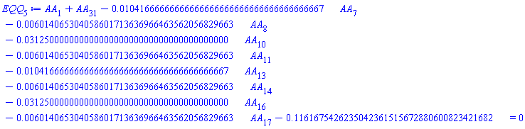 AA[1]+AA[31]-0.1041666666666666666666666666666666666667e-1*AA[7]-0.6014065304058601713636966463562056829663e-2*AA[8]-0.3125000000000000000000000000000000000000e-1*AA[10]-0.6014065304058601713636966463562056829663e-2*AA[11]-0.1041666666666666666666666666666666666667e-1*AA[13]-0.6014065304058601713636966463562056829663e-2*AA[14]-0.3125000000000000000000000000000000000000e-1*AA[16]-0.6014065304058601713636966463562056829663e-2*AA[17]-.1161675426235042361515672880600823421682 = 0