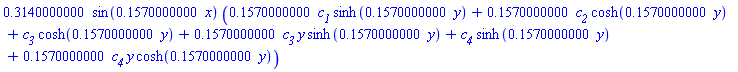 .3140000000*sin(.1570000000*x)*(.1570000000*c__1*sinh(.1570000000*y)+.1570000000*c__2*cosh(.1570000000*y)+c__3*cosh(.1570000000*y)+.1570000000*c__3*y*sinh(.1570000000*y)+c__4*sinh(.1570000000*y)+.1570000000*c__4*y*cosh(.1570000000*y))