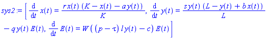 [diff(x(t), t) = r*x(t)*(K-x(t)-a*y(t))/K, diff(y(t), t) = s*y(t)*(L-y(t)+b*x(t))/L-q*y(t)*E(t), diff(E(t), t) = W*((p-tau)*l*y(t)-c)*E(t)]