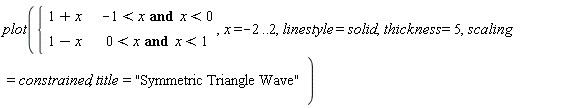 plot(piecewise(-1 < x and x < 0, 1+x, 0 < x and x < 1, 1-x), x = -2 .. 2, linestyle = solid, thickness = 5, scaling = constrained, title = "Symmetric Triangle Wave")