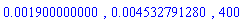0.1900000000e-2, 0.4532791280e-2, 400