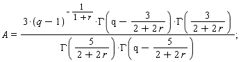 A = 3*(q-1)^(-1/(1+r))*GAMMA(q-3/(2+2*r))*GAMMA(3/(2+2*r))/(GAMMA(5/(2+2*r))*GAMMA(q-5/(2+2*r)));