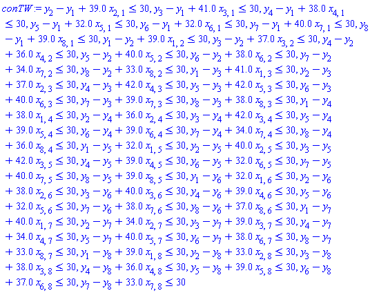y[2]-y[1]+39.0*x[2, 1] <= 30, y[3]-y[1]+41.0*x[3, 1] <= 30, y[4]-y[1]+38.0*x[4, 1] <= 30, y[5]-y[1]+32.0*x[5, 1] <= 30, y[6]-y[1]+32.0*x[6, 1] <= 30, y[7]-y[1]+40.0*x[7, 1] <= 30, y[8]-y[1]+39.0*x[8, 1] <= 30, y[1]-y[2]+39.0*x[1, 2] <= 30, y[3]-y[2]+37.0*x[3, 2] <= 30, y[4]-y[2]+36.0*x[4, 2] <= 30, y[5]-y[2]+40.0*x[5, 2] <= 30, y[6]-y[2]+38.0*x[6, 2] <= 30, y[7]-y[2]+34.0*x[7, 2] <= 30, y[8]-y[2]+33.0*x[8, 2] <= 30, y[1]-y[3]+41.0*x[1, 3] <= 30, y[2]-y[3]+37.0*x[2, 3] <= 30, y[4]-y[3]+42.0*x[4, 3] <= 30, y[5]-y[3]+42.0*x[5, 3] <= 30, y[6]-y[3]+40.0*x[6, 3] <= 30, y[7]-y[3]+39.0*x[7, 3] <= 30, y[8]-y[3]+38.0*x[8, 3] <= 30, y[1]-y[4]+38.0*x[1, 4] <= 30, y[2]-y[4]+36.0*x[2, 4] <= 30, y[3]-y[4]+42.0*x[3, 4] <= 30, y[5]-y[4]+39.0*x[5, 4] <= 30, y[6]-y[4]+39.0*x[6, 4] <= 30, y[7]-y[4]+34.0*x[7, 4] <= 30, y[8]-y[4]+36.0*x[8, 4] <= 30, y[1]-y[5]+32.0*x[1, 5] <= 30, y[2]-y[5]+40.0*x[2, 5] <= 30, y[3]-y[5]+42.0*x[3, 5] <= 30, y[4]-y[5]+39.0*x[4, 5] <= 30, y[6]-y[5]+32.0*x[6, 5] <= 30, y[7]-y[5]+40.0*x[7, 5] <= 30, y[8]-y[5]+39.0*x[8, 5] <= 30, y[1]-y[6]+32.0*x[1, 6] <= 30, y[2]-y[6]+38.0*x[2, 6] <= 30, y[3]-y[6]+40.0*x[3, 6] <= 30, y[4]-y[6]+39.0*x[4, 6] <= 30, y[5]-y[6]+32.0*x[5, 6] <= 30, y[7]-y[6]+38.0*x[7, 6] <= 30, y[8]-y[6]+37.0*x[8, 6] <= 30, y[1]-y[7]+40.0*x[1, 7] <= 30, y[2]-y[7]+34.0*x[2, 7] <= 30, y[3]-y[7]+39.0*x[3, 7] <= 30, y[4]-y[7]+34.0*x[4, 7] <= 30, y[5]-y[7]+40.0*x[5, 7] <= 30, y[6]-y[7]+38.0*x[6, 7] <= 30, y[8]-y[7]+33.0*x[8, 7] <= 30, y[1]-y[8]+39.0*x[1, 8] <= 30, y[2]-y[8]+33.0*x[2, 8] <= 30, y[3]-y[8]+38.0*x[3, 8] <= 30, y[4]-y[8]+36.0*x[4, 8] <= 30, y[5]-y[8]+39.0*x[5, 8] <= 30, y[6]-y[8]+37.0*x[6, 8] <= 30, y[7]-y[8]+33.0*x[7, 8] <= 30