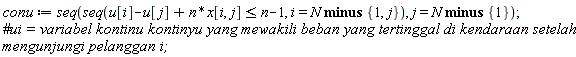 conu := seq(seq(u[i]-u[j]+n*x[i, j] <= n-1, i = `minus`(N, {1, j})), j = `minus`(N, {1}));