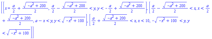 [[x = (1/2)*a+(1/2)*(-a^2+200)^(1/2), (1/2)*a-(1/2)*(-a^2+200)^(1/2) < y, y < -(1/2)*a+(1/2)*(-a^2+200)^(1/2)], [(1/2)*a-(1/2)*(-a^2+200)^(1/2) < x, x < (1/2)*a+(1/2)*(-a^2+200)^(1/2), a-x < y, y < (-x^2+100)^(1/2)], [(1/2)*a+(1/2)*(-a^2+200)^(1/2) < x, x < 10, -(-x^2+100)^(1/2) < y, y < (-x^2+100)^(1/2)]]