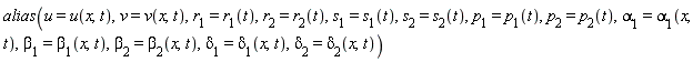 alias(u = u(x, t), v = v(x, t), r[1] = r[1](t), r[2] = r[2](t), s[1] = s[1](t), s[2] = s[2](t), p[1] = p[1](t), p[2] = p[2](t), alpha[1] = alpha[1](x, t), beta[1] = beta[1](x, t), beta[2] = beta[2](x, t), delta[1] = delta[1](x, t), delta[2] = delta[2](x, t))