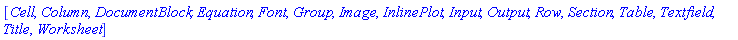 [Cell, Column, DocumentBlock, Equation, Font, Group, Image, InlinePlot, Input, Output, Row, Section, Table, Textfield, Title, Worksheet]