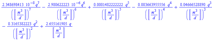 0.2348698413e-7*q^7/Units:-Unit(m^3/d)^7-0.2980622223e-5*q^6/Units:-Unit(m^3/d)^6+0.1482222222e-3*q^5/Units:-Unit(m^3/d)^5-0.3663955556e-2*q^4/Units:-Unit(m^3/d)^4+0.4666528890e-1*q^3/Units:-Unit(m^3/d)^3-.3165382223*q^2/Units:-Unit(m^3/d)^2+2.655161905*q/Units:-Unit(m^3/d)