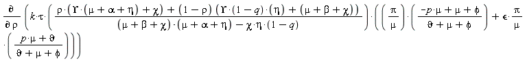 diff(k*tau*(rho*(Upsilon*(mu+alpha+eta)+chi)+(1-rho)*(Upsilon*(1-q)*eta+mu+beta+chi))*(Pi*(-mu*p+mu+phi)/(mu*(`&vartheta;`+mu+phi))+`&epsilon;`*Pi*(mu*p+`&vartheta;`)/(mu*(`&vartheta;`+mu+phi)))/((mu+beta+chi)*(mu+alpha+eta)-chi*eta*(1-q)), rho)