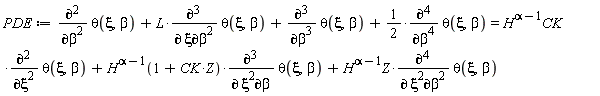 PDE := diff(theta(xi, beta), beta, beta)+L*(diff(theta(xi, beta), xi, beta, beta))+diff(theta(xi, beta), beta, beta, beta)+(1/2)*(diff(theta(xi, beta), beta, beta, beta, beta)) = H^(alpha-1)*CK*(diff(theta(xi, beta), xi, xi))+H(CK*Z+1)^(alpha-1)*(diff(theta(xi, beta), xi, xi, beta))+H^(alpha-1)*Z*(diff(theta(xi, beta), xi, xi, beta, beta))