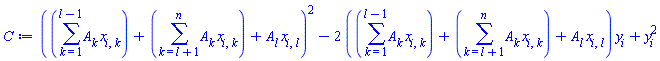 (sum(A[k]*x[i, k], k = 1 .. l-1)+sum(A[k]*x[i, k], k = l+1 .. n)+A[l]*x[i, l])^2-2*(sum(A[k]*x[i, k], k = 1 .. l-1)+sum(A[k]*x[i, k], k = l+1 .. n)+A[l]*x[i, l])*y[i]+y[i]^2