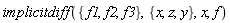implicitdiff({f1, f2, f3}, {x, y, z}, x, f)