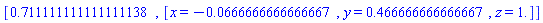 [.711111111111111138, [x = HFloat(-0.06666666666666665), y = HFloat(0.46666666666666656), z = HFloat(1.0)]]