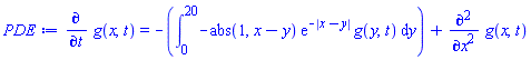 diff(g(x, t), t) = -(int(-abs(1, x-y)*exp(-abs(x-y))*g(y, t), y = 0 .. 20))+diff(diff(g(x, t), x), x)