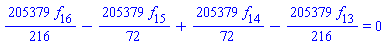 (205379/216)*f[16]-(205379/72)*f[15]+(205379/72)*f[14]-(205379/216)*f[13] = 0