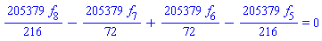 (205379/216)*f[8]-(205379/72)*f[7]+(205379/72)*f[6]-(205379/216)*f[5] = 0