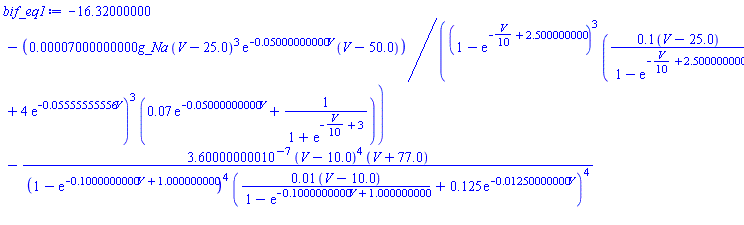 -16.32000000-0.7000000000e-4*g_Na*(V-25.0)^3*exp(-0.5000000000e-1*V)*(V-50.0)/((1-exp(-(1/10)*V+2.500000000))^3*(.1*(V-25.0)/(1-exp(-(1/10)*V+2.500000000))+4*exp(-0.5555555556e-1*V))^3*(0.7e-1*exp(-0.5000000000e-1*V)+1/(1+exp(-(1/10)*V+3))))-0.3600000000e-6*(V-10.0)^4*(V+77.0)/((1-exp(-.1000000000*V+1.000000000))^4*(0.1e-1*(V-10.0)/(1-exp(-.1000000000*V+1.000000000))+.125*exp(-0.1250000000e-1*V))^4)-.3000000000*V = 0