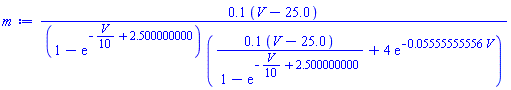 .1*(V-25.0)/((1-exp(-(1/10)*V+2.500000000))*(.1*(V-25.0)/(1-exp(-(1/10)*V+2.500000000))+4*exp(-0.5555555556e-1*V)))