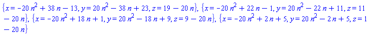 {x = -20*n^2+38*n-13, y = 20*n^2-38*n+23, z = 19-20*n}, {x = -20*n^2+22*n-1, y = 20*n^2-22*n+11, z = 11-20*n}, {x = -20*n^2+18*n+1, y = 20*n^2-18*n+9, z = 9-20*n}, {x = -20*n^2+2*n+5, y = 20*n^2-2*n+5, z = 1-20*n}