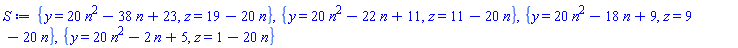 {y = 20*n^2-38*n+23, z = 19-20*n}, {y = 20*n^2-22*n+11, z = 11-20*n}, {y = 20*n^2-18*n+9, z = 9-20*n}, {y = 20*n^2-2*n+5, z = 1-20*n}
