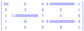 Matrix([[102., 0., 0., .100000000000000, 1.], [0., 3., 0., 0., 1.], [1., 3.10000000000000, 7., 0., 0.], [1., 33., 0., .500000000000000, 0.], [1., 0., 0., 0., 1.]])