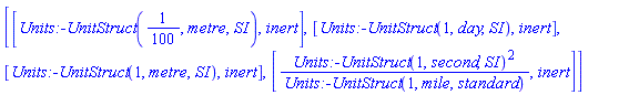 [[Units:-UnitStruct(1/100, metre, contexts:-SI), inert], [Units:-UnitStruct(1, day, SI), inert], [Units:-UnitStruct(1, metre, contexts:-SI), inert], [Units:-UnitStruct(1, second, SI)^2/Units:-UnitStruct(1, mile, standard), inert]]