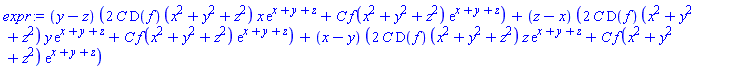 (y-z)*(2*C*(D(f))(x^2+y^2+z^2)*x*exp(x+y+z)+C*f(x^2+y^2+z^2)*exp(x+y+z))+(z-x)*(2*C*(D(f))(x^2+y^2+z^2)*y*exp(x+y+z)+C*f(x^2+y^2+z^2)*exp(x+y+z))+(x-y)*(2*C*(D(f))(x^2+y^2+z^2)*z*exp(x+y+z)+C*f(x^2+y^2+z^2)*exp(x+y+z))