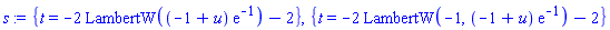 {t = -2*LambertW((-1+u)*exp(-1))-2}, {t = -2*LambertW(-1, (-1+u)*exp(-1))-2}