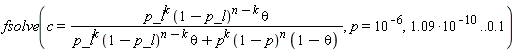fsolve(c = p_l^k*(1-p_l)^(n-k)*theta/(p_l^k*(1-p_l)^(n-k)*theta+p^k*(1-p)^n*(1-theta)), p = 10^(-6), 1.09*10^(-10) .. .1)
