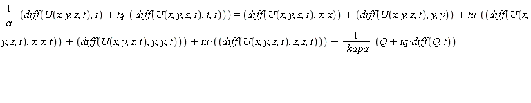 (diff(U(x, y, z, t), t)+tq*(diff(U(x, y, z, t), t, t)))/alpha = diff(U(x, y, z, t), x, x)+diff(U(x, y, z, t), y, y)+tu*(diff(U(x, y, z, t), x, x, t)+diff(U(x, y, z, t), y, y, t))+tu*(diff(U(x, y, z, t), z, z, t))+(Q+tq*(diff(Q, t)))/kapa