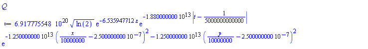 0.6917775548e21*ln(2)^.5*exp(-6.535947712*z)*exp(-0.1880000000e14*abs(t-1/5000000000000))*exp(-0.1250000000e14*((1/10000000)*x-0.2500000000e-6)^2-0.1250000000e14*((1/10000000)*y-0.2500000000e-6)^2)