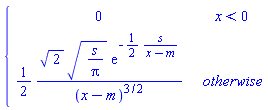 piecewise(x < 0, 0, (1/2)*sqrt(2)*sqrt(s/Pi)*exp(-(1/2)*s/(x-m))/(x-m)^(3/2))