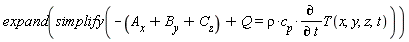 expand(simplify(-A__x-B__y-C__z+Q = rho*c__p*(diff(T(x, y, z, t), t))))