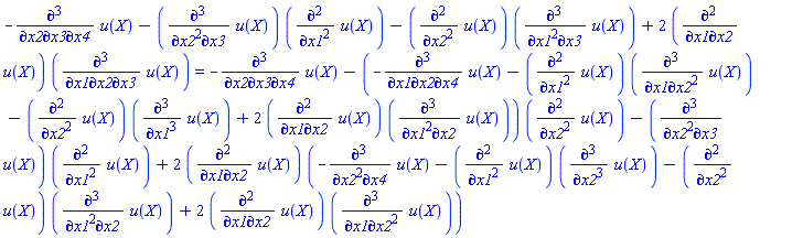 -(diff(diff(diff(u(X), x2), x3), x4))-(diff(diff(diff(u(X), x2), x2), x3))*(diff(diff(u(X), x1), x1))-(diff(diff(u(X), x2), x2))*(diff(diff(diff(u(X), x1), x1), x3))+2*(diff(diff(u(X), x1), x2))*(diff(diff(diff(u(X), x1), x2), x3)) = -(diff(diff(diff(u(X), x2), x3), x4))-(-(diff(diff(diff(u(X), x1), x2), x4))-(diff(diff(u(X), x1), x1))*(diff(diff(diff(u(X), x1), x2), x2))-(diff(diff(u(X), x2), x2))*(diff(diff(diff(u(X), x1), x1), x1))+2*(diff(diff(u(X), x1), x2))*(diff(diff(diff(u(X), x1), x1), x2)))*(diff(diff(u(X), x2), x2))-(diff(diff(diff(u(X), x2), x2), x3))*(diff(diff(u(X), x1), x1))+2*(diff(diff(u(X), x1), x2))*(-(diff(diff(diff(u(X), x2), x2), x4))-(diff(diff(u(X), x1), x1))*(diff(diff(diff(u(X), x2), x2), x2))-(diff(diff(u(X), x2), x2))*(diff(diff(diff(u(X), x1), x1), x2))+2*(diff(diff(u(X), x1), x2))*(diff(diff(diff(u(X), x1), x2), x2)))